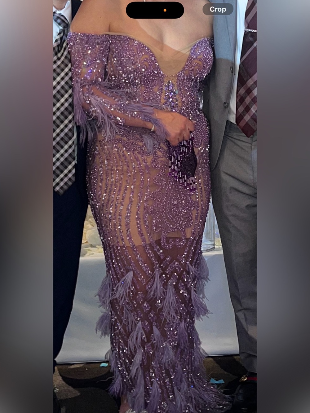 Off-Shoulder Lavender Sequin Feather Gown - Women